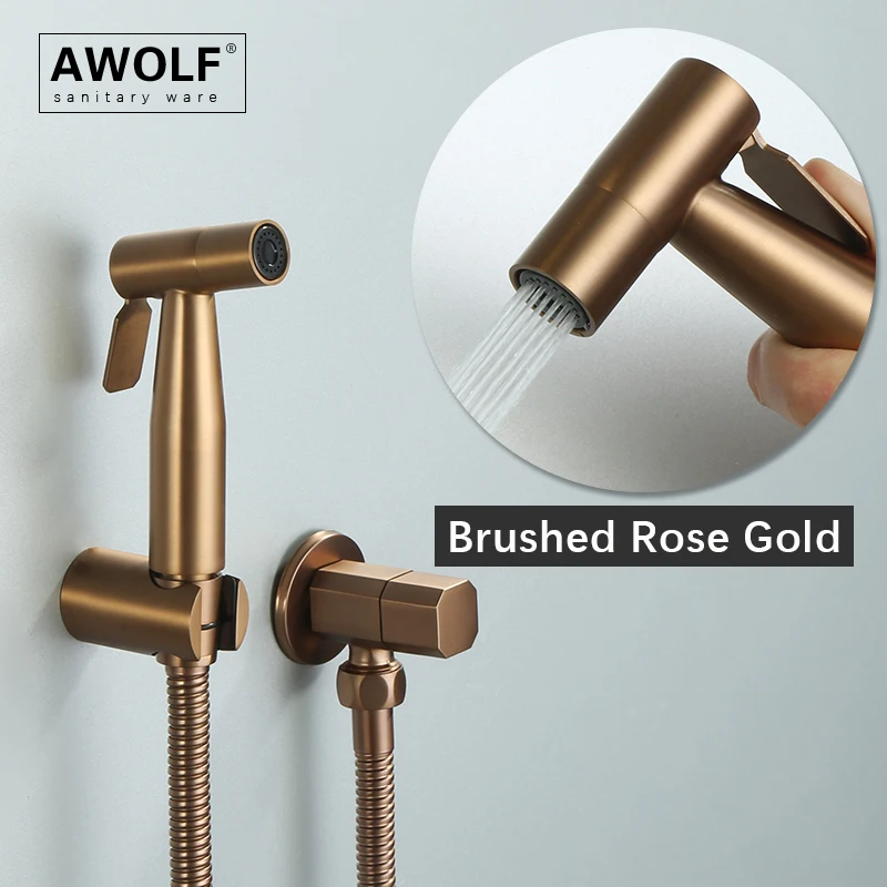 Handheld Toilet Bidet Sprayer Brushed Rose Gold Stainless Steel Bathroom Shattaf System Douche kit with Brass Valve AP2354