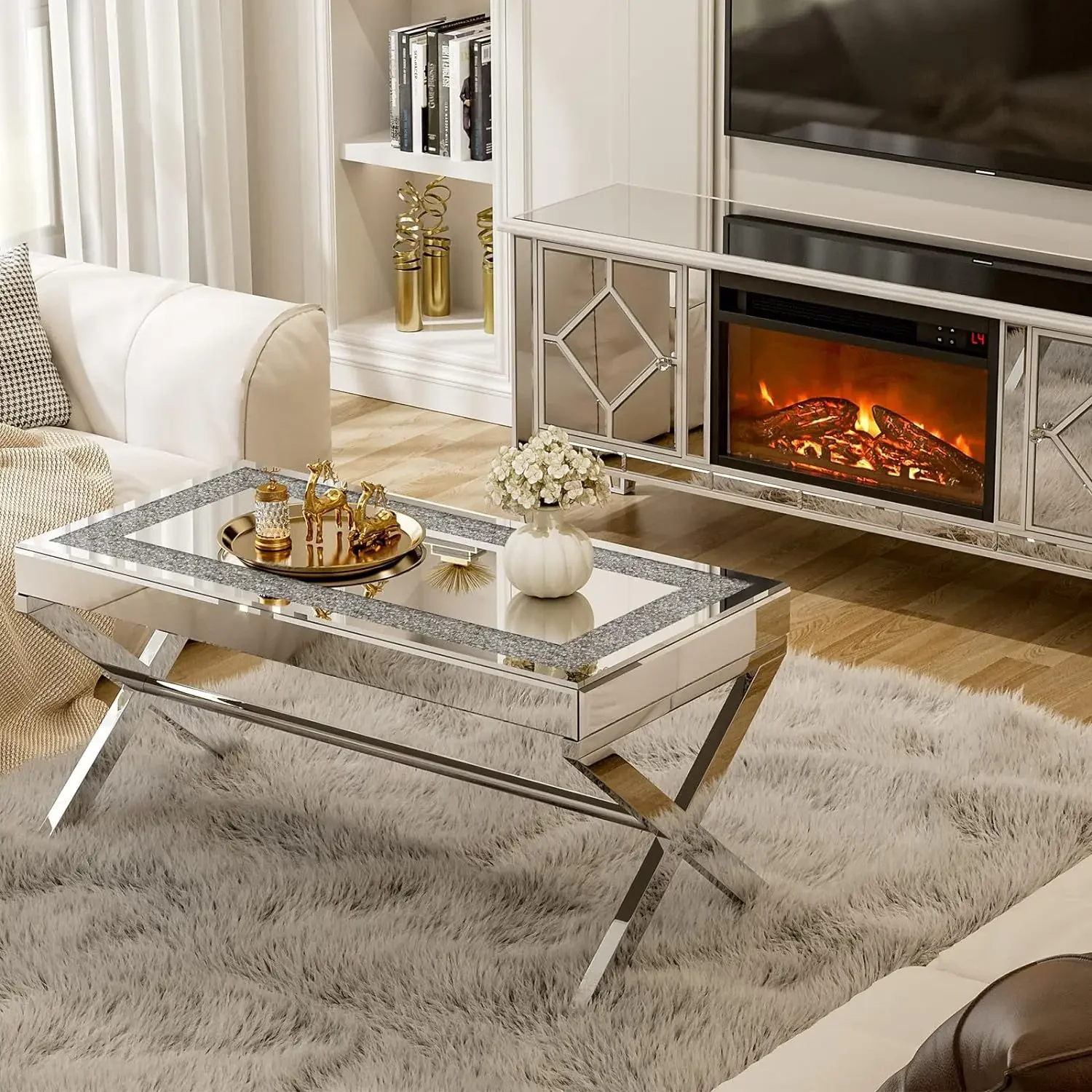 Mirrored coffee table with mirrored crystal plate and X-shaped stainless steel tripod Square coffee table