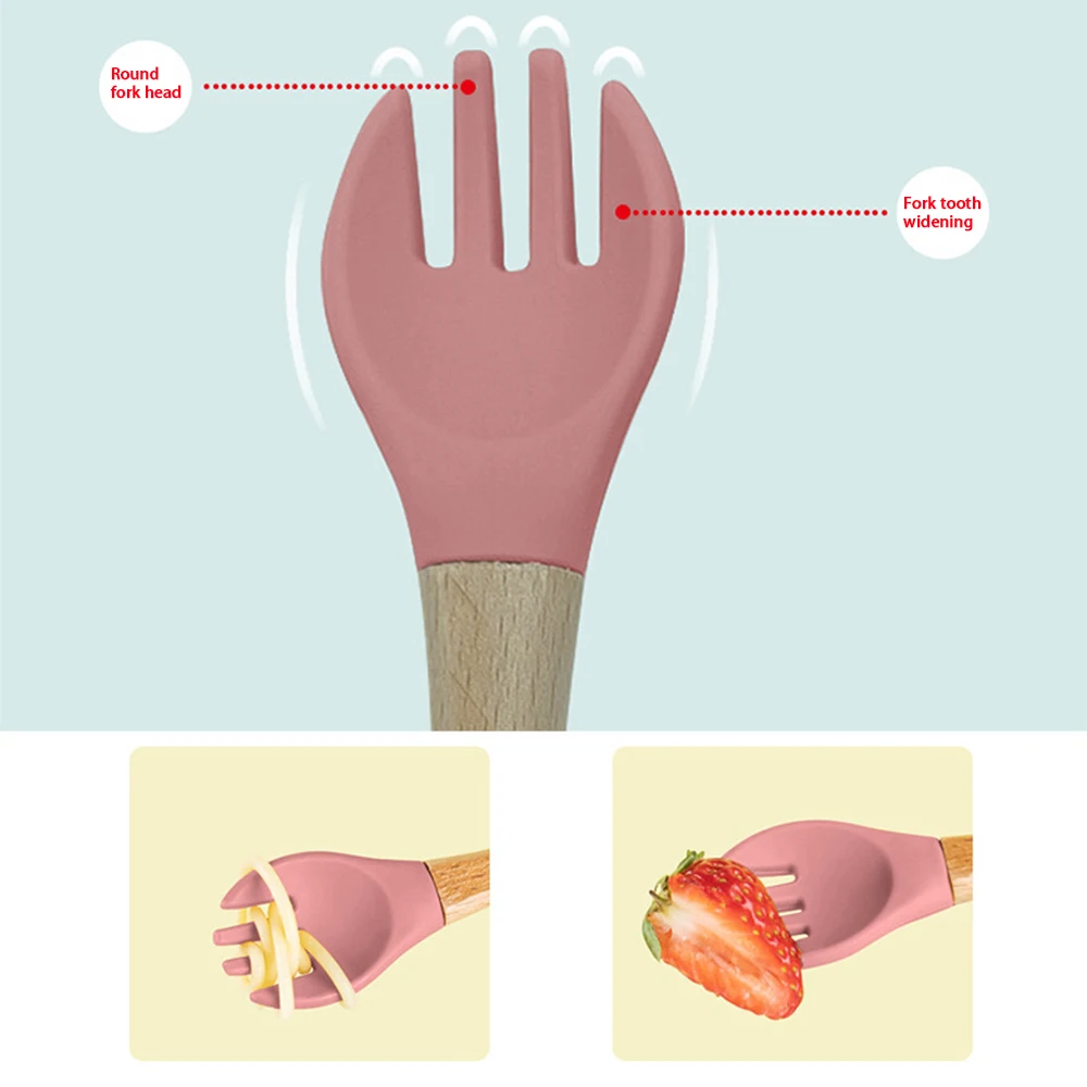 2Pcs Children\'s Wooden Handle Silicone Fork Spoon Soft and Resistant To Falling Baby Feeding Spoon Set Auxiliary Food Fork Spoon
