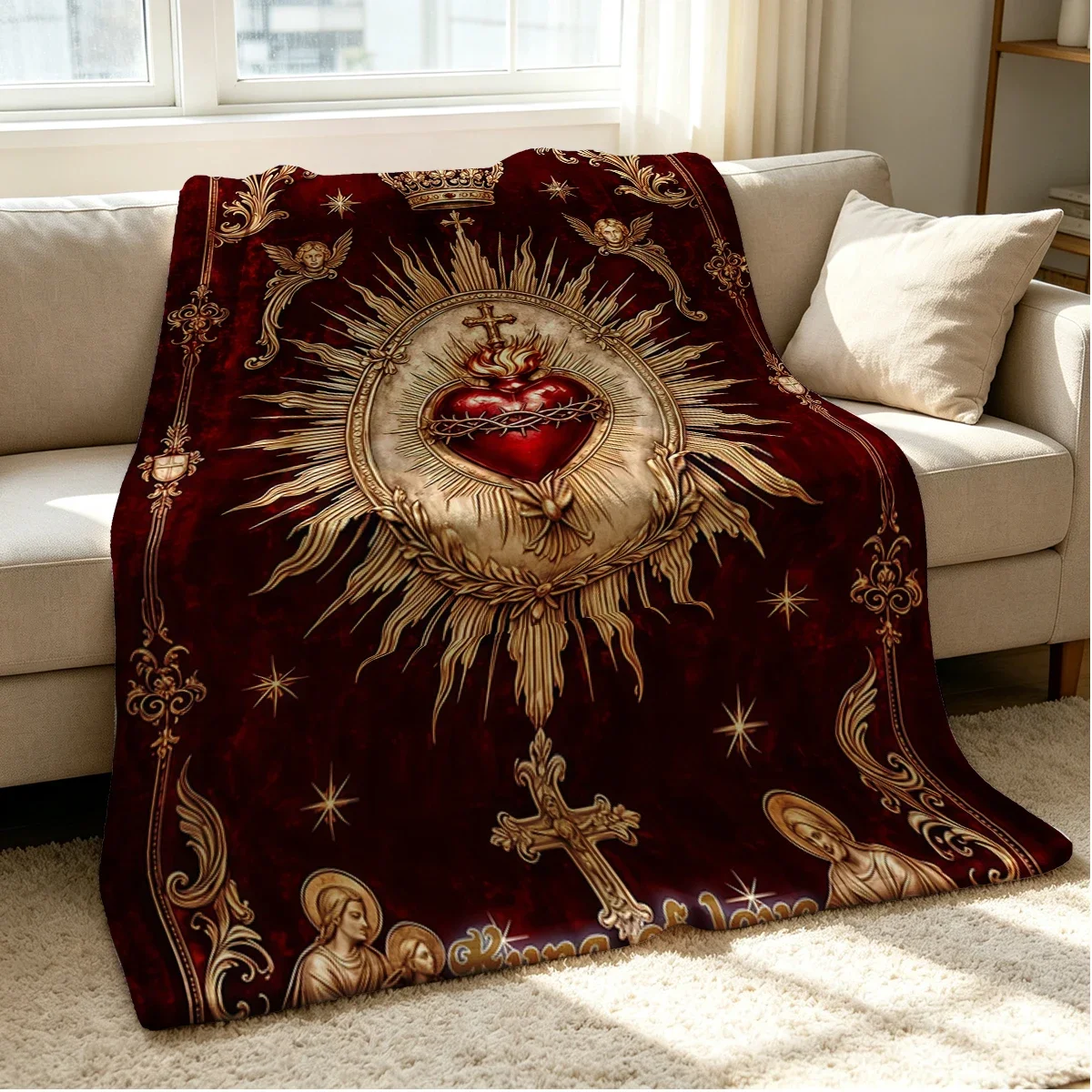 Sacred Heart Flannel Blanket Warm Soft Halloween Christmas Couch Warm Cozy Decorative Decor Gift for All Season