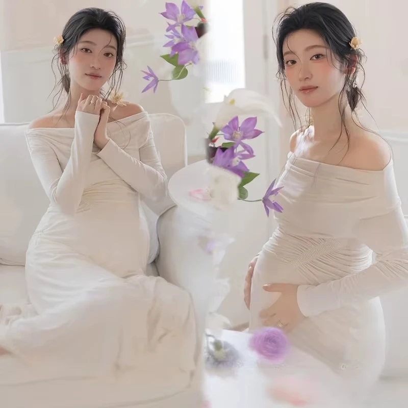 Women Maternity Dress for Photoshoot White Elegant Off-shoulder Long Sleeves Dresses for Lady Studio Shooting Pregancy Clothing