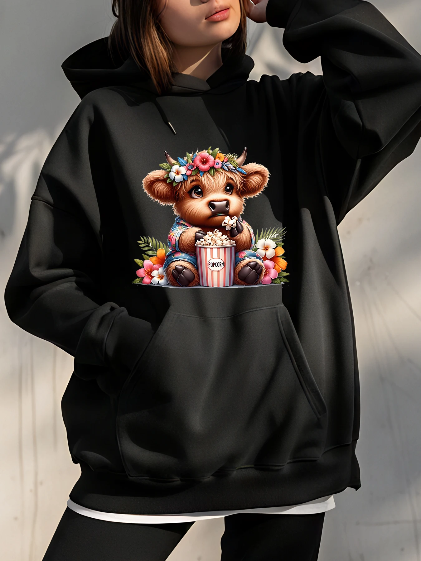 

Милая толстовка с капюшоном в виде коровы и попкорна с цветочным принтом, унисекс, повседневная толстовка для женщин и мужчин, уличная модная осенне-зимняя одежда