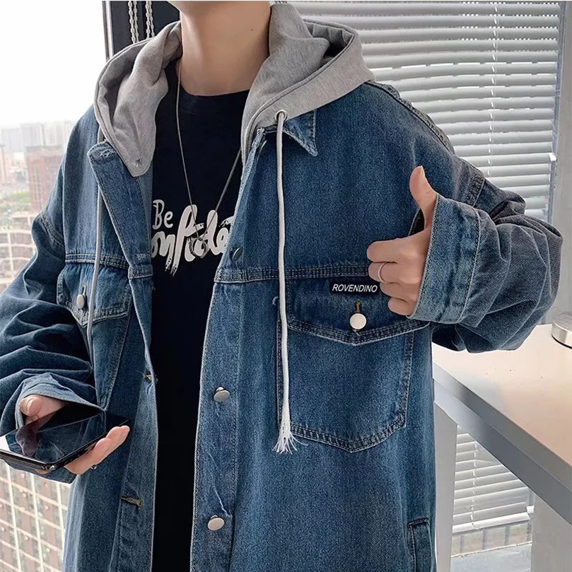 Hat Detachable Spring Long Sleeved Denim Outerwear For Men Single Breasted Casual Loose Trend Patchwork Hooded Jeans Jacket