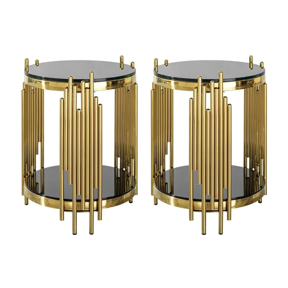 

of 2 Modern Luxury 2Tier Round End Tables, Black Tempered Glass Tops, Gold Stainless Steel Frames, Small Elegant Side Tables fo