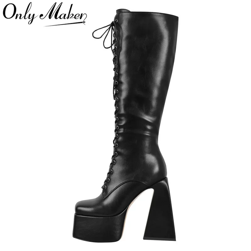 

Onlymaker Women Square Toe Platform Zip Chunky Heel Knee High Patent Leather Lace Up Lady Black Boots