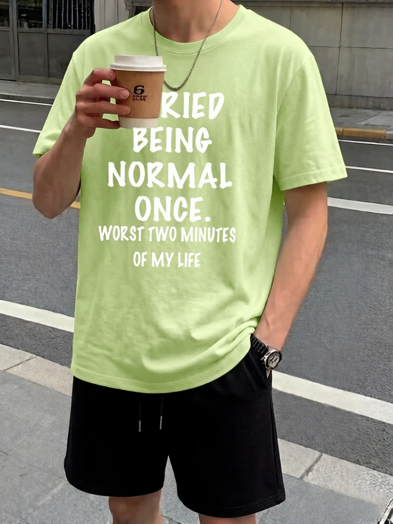 

Stay Calm And Normal Funny Printed Drawstring Beach Short Pants Man'S Set Summer Cool T Shirts Cotton Soft Fashion Clothing