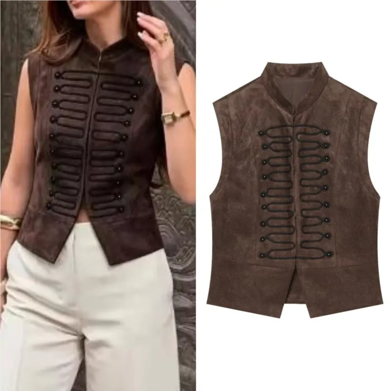 Women's Vest Autumn Fashion Suede Texture High Neck Sleeveless Knot Button Decoration Top Casual Fashion Female Retro Waistcoat