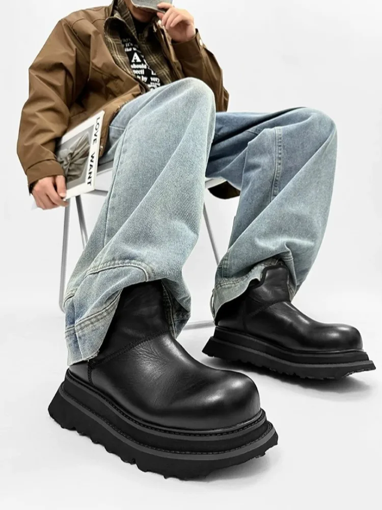 Genuine Leather Platform Snow Boots Men Plush Wool Lined Chelsea Ankle Boots Chunky Rugged Sole Women Winter Warm Footwear