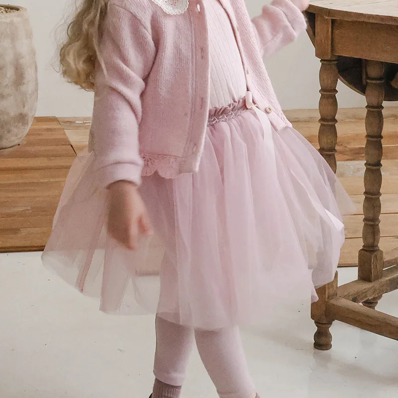 

2025 Autumn New Korean Children and Girls Foreign Mesh Bow Elastic Waist Fake Two-piece Culottes Fashion