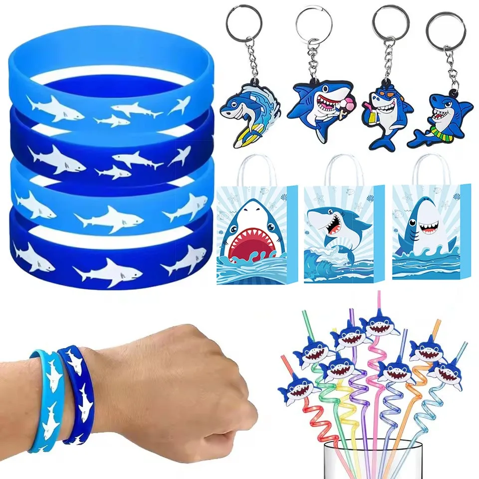 Lembrancinhas de festa de tubarão pulseiras de borracha pulseira chaveiro de tubarão saco de presente de festa sob o mar tubarão festa de aniversário crianças presente supplie