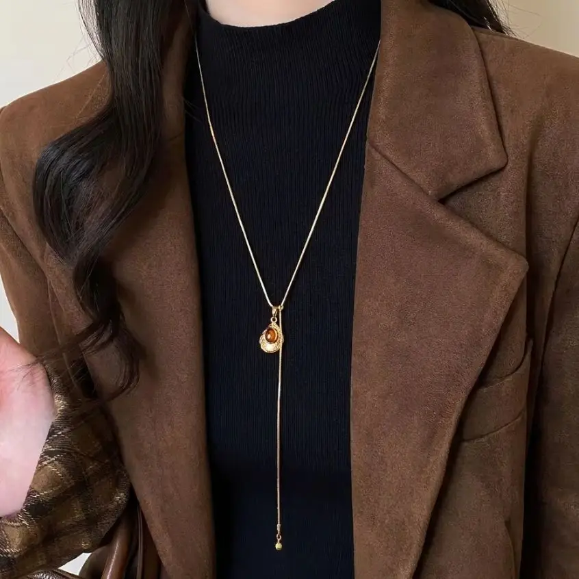 Natural Tiger Eye Drawstring Necklace for Women Gold Color Long Sweater Chain Boho Gift