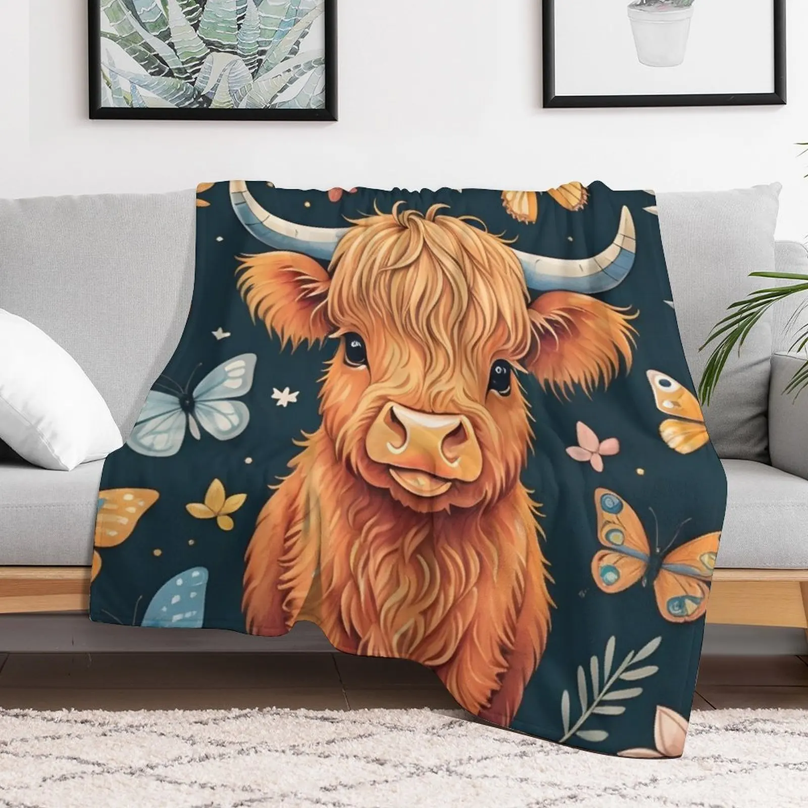 Highland cow and butterflies Throw Blanket anime Tourist Blankets