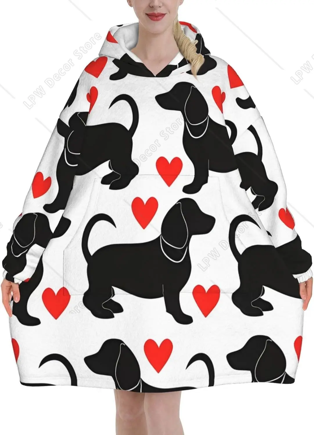 Dachshund Dog Wearable Blanket Hoodie Cute Animal Oversized Sweatshirt Blanket Cozy Warm Sherpa Hooded Blanket