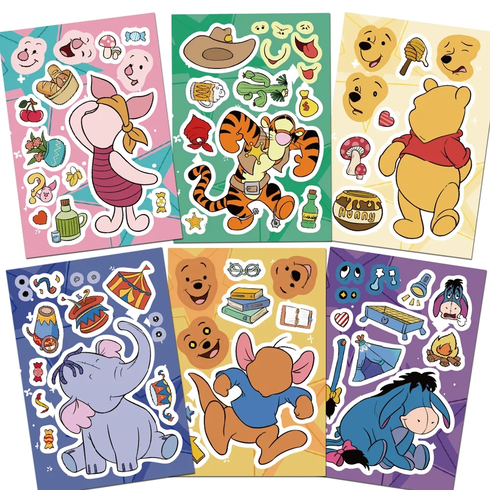 8/16Sheets Sheets Disney Make A Face Puzzle Stickers Winnie-the-Pooh Tigger Kids Assemble Jigsaw Toys Children Funny Game Party