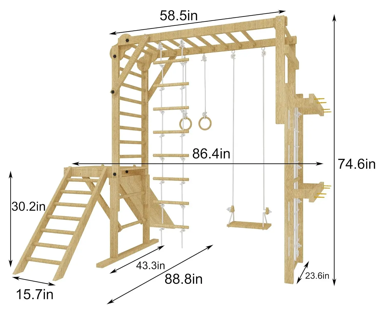Indoor Jungle Gym with Rings Rope Swing Slide Monkey Bars Net Ladder Wooden Play Set for Kids 2-11 Years, Customized