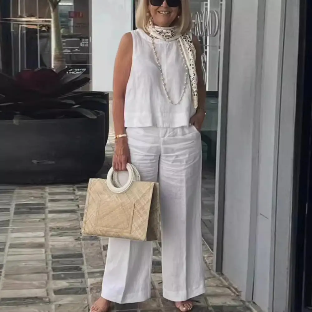 

2 Pcs/Set Women Vest Pants Set Solid Color Sleeveless O Neck Top Plus Size Wide Leg High Waist Loose Commute Formal Casual Top T