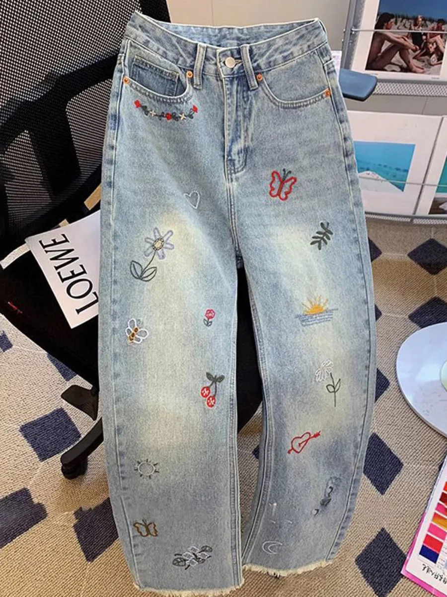 Vintage Embroidered Jeans Trousers For Women Summer 2024 New Korean Fashion High Waist Straight Retro Casual Denim Pants