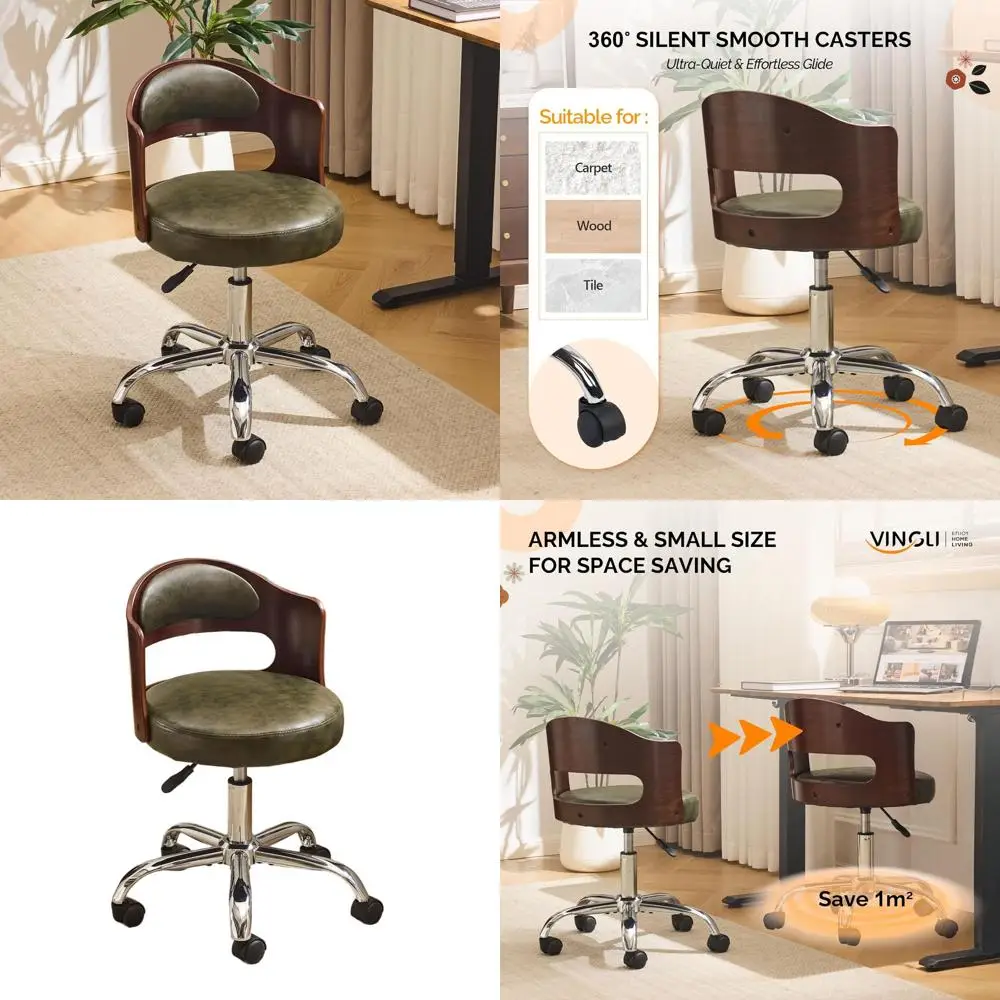 

Retro Walnut Swivel Desk Chair, Adjustable Armless Seat with/without Wheels, Olive Green Cushioned Chair for Home Office and Stu