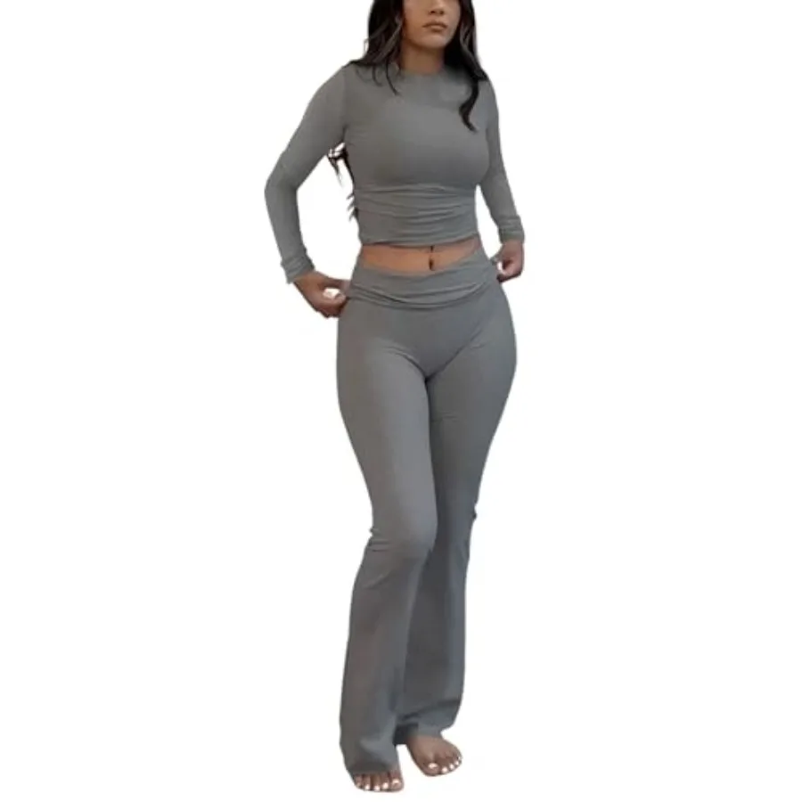 

Casual Workout Two Pcs Outfits Long Sleeve High Waist Fold-Over Flared Leggings Pants Tracksuit Sets Streetwear