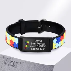 Vnox Free Custom Autism Awareness Bracelets for Men Women Adults, Engraved Anti Lost ID Bracelets, Adjustable Silicone Wristband