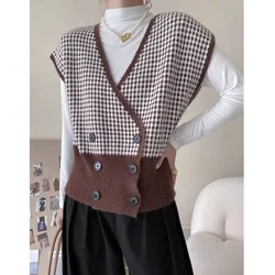 International air fold wear plaid knit wool vest for women autumn winter new style of 100 match vest  loose small outside