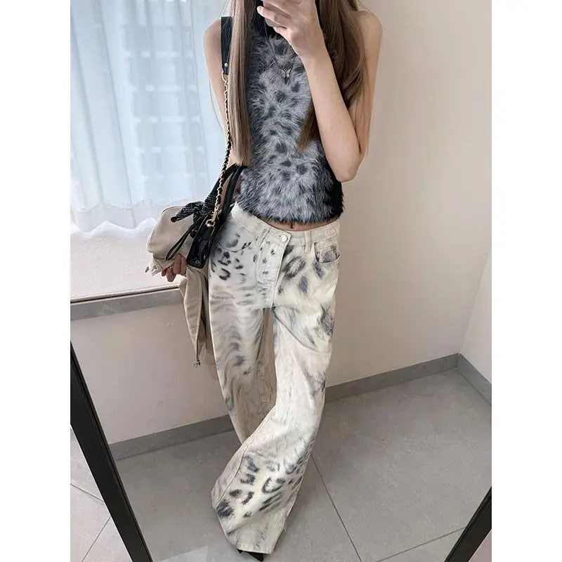 American Vintage Washed Distressed Cropped Jeans Hot Girl Women Casual Streetwear Y2k Retro Denim Capris Leopard Print Bodycon