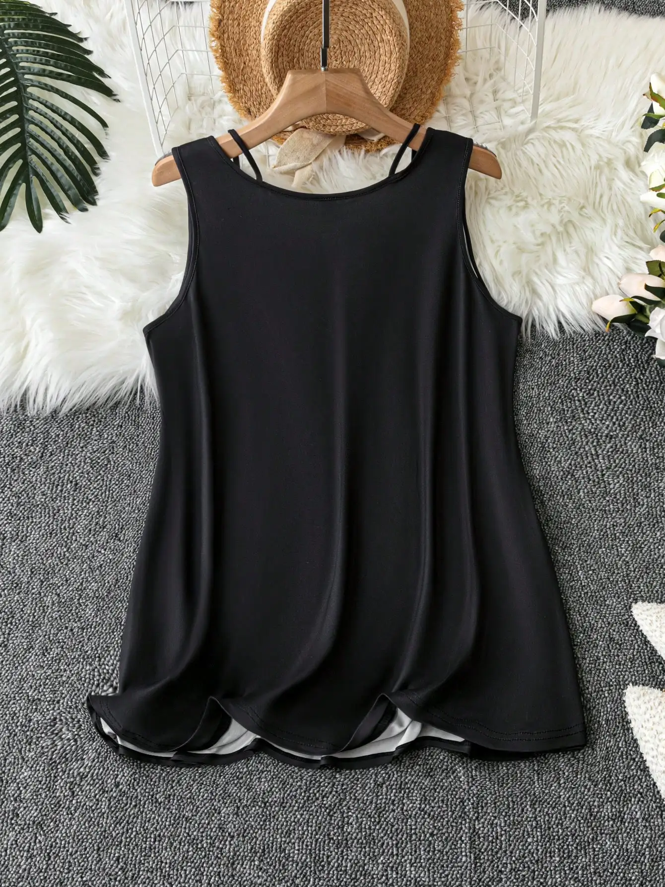 Women's Plus Size Sunflower Butterfly Print V Neck Tank Top, Button Detail Loose Long Sleeveless Casual Vacation Blouse