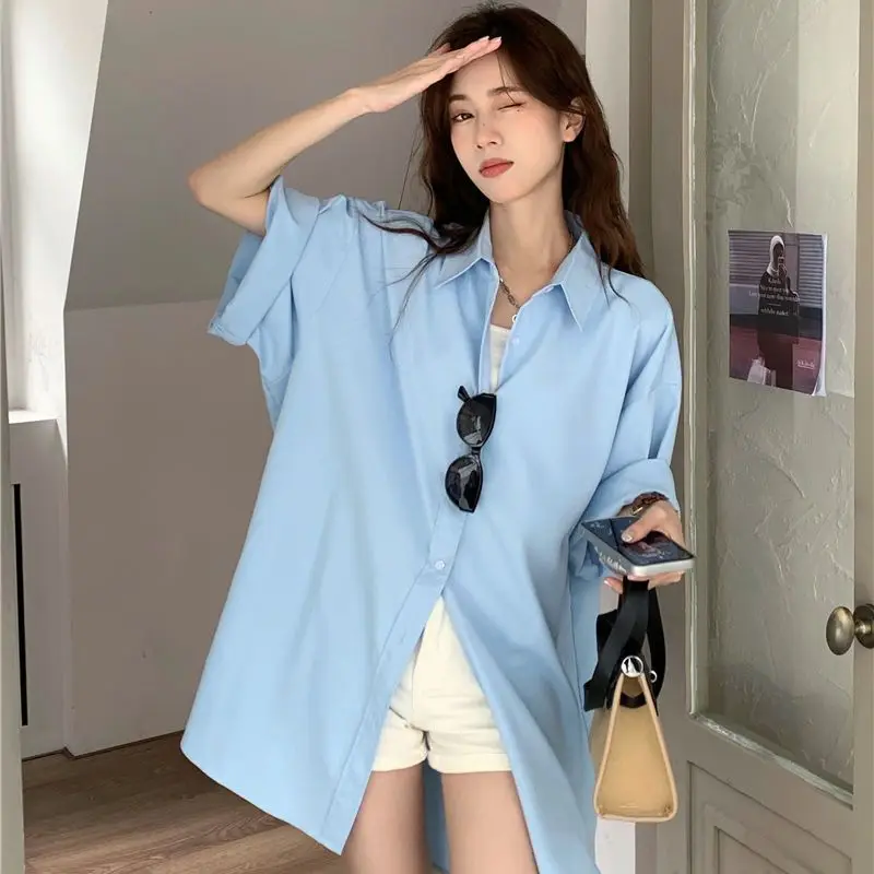 

EBAIHUI Solid Short Sleeved Women's Shirt Summer Loose New Preppy Style Ladies Blouse Korean Chic Hong Kong Versatile Blusas