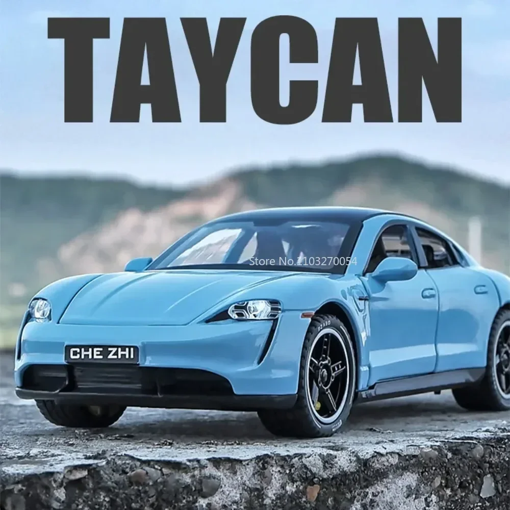 1:32 Porsche Taycan, coche deportivo de aleación, modelo de juguete, cuerpo de Metal fundido a presión, sonido, luz, vehículo en miniatura extraíble para chico, regalo de Navidad