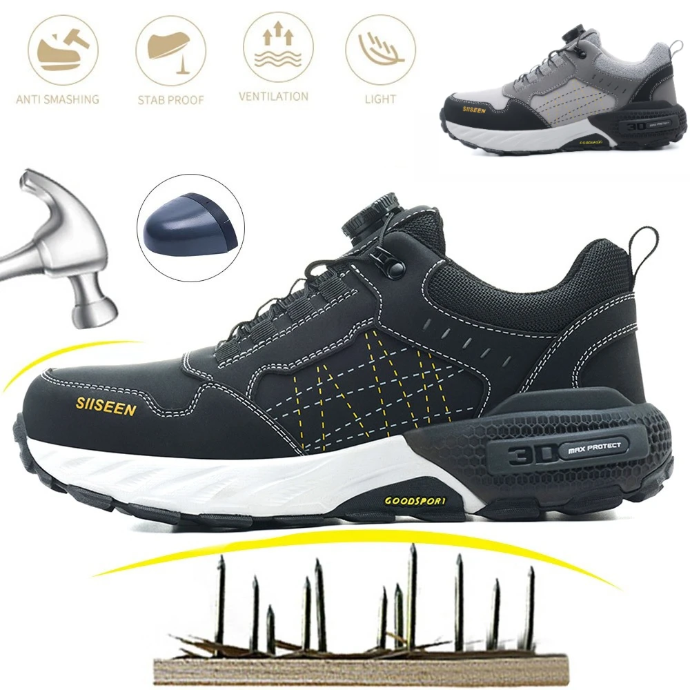 Safety Shoes Men with Rotating Buttons Anti Smashing Steel Toe Shoes Anti Slip Wear-resistant Work Shoes Indestructible Boots
