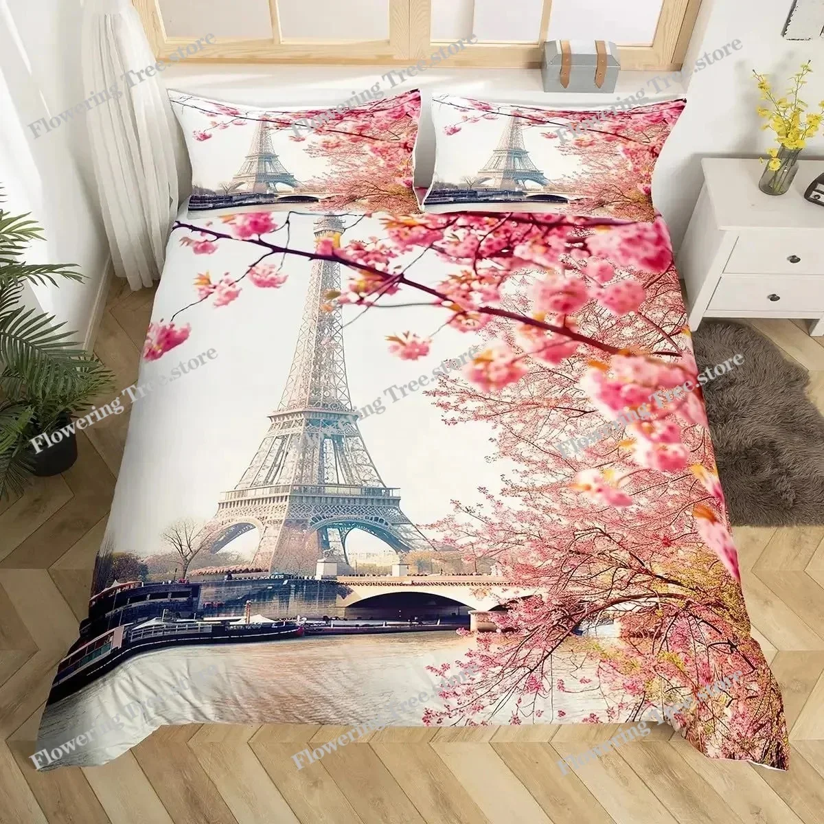 

Paris Duvet Cover Queen Size Blue Eiffel Tower Comforter Cover France Famous Buildings Print Bedding Set Black White Quilt Cover