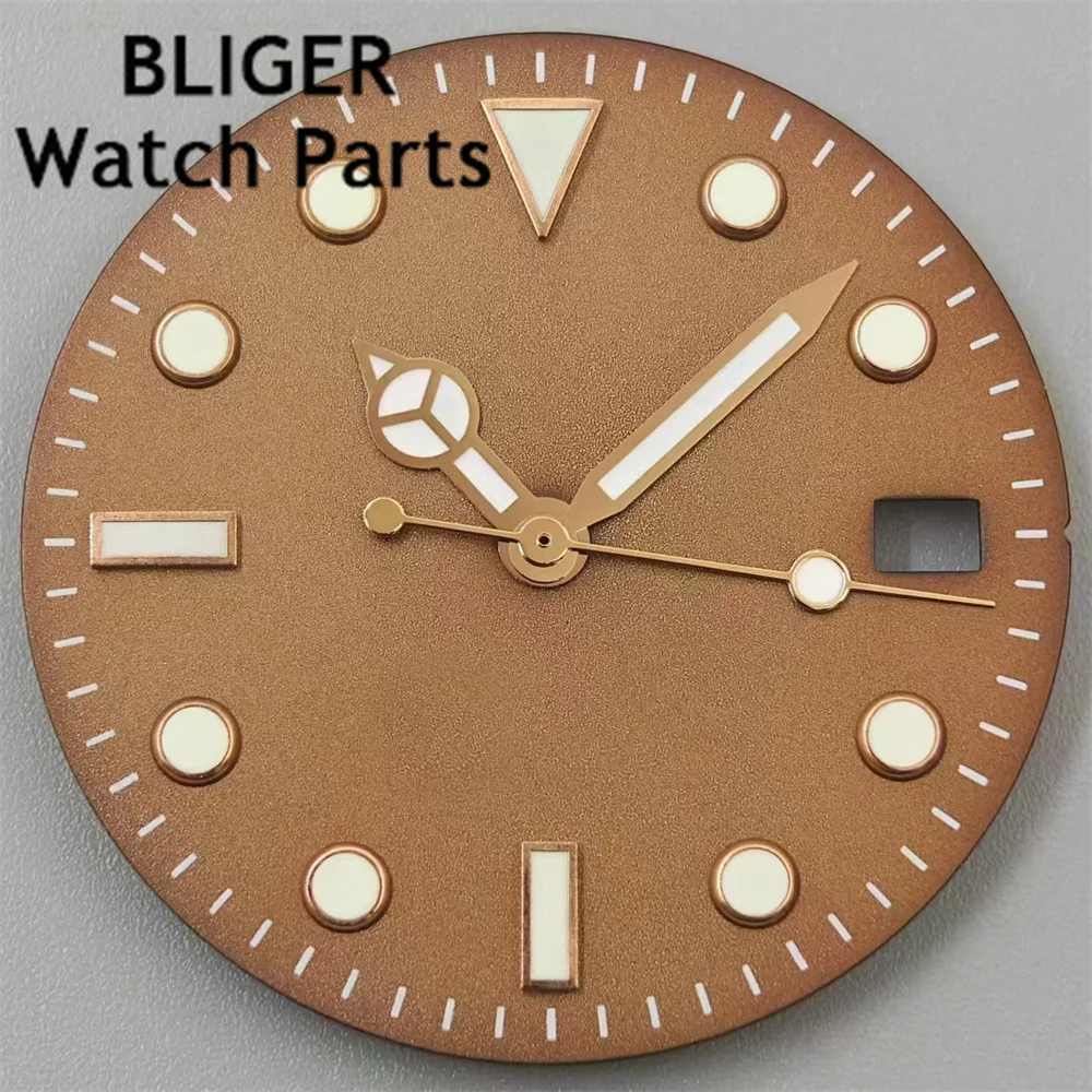BLIGER 29mm Brown Coffee Watch Dial With Silver Rose Gold Edge Time Marks Green Luminous For NH35 NH36 Movement Date Window