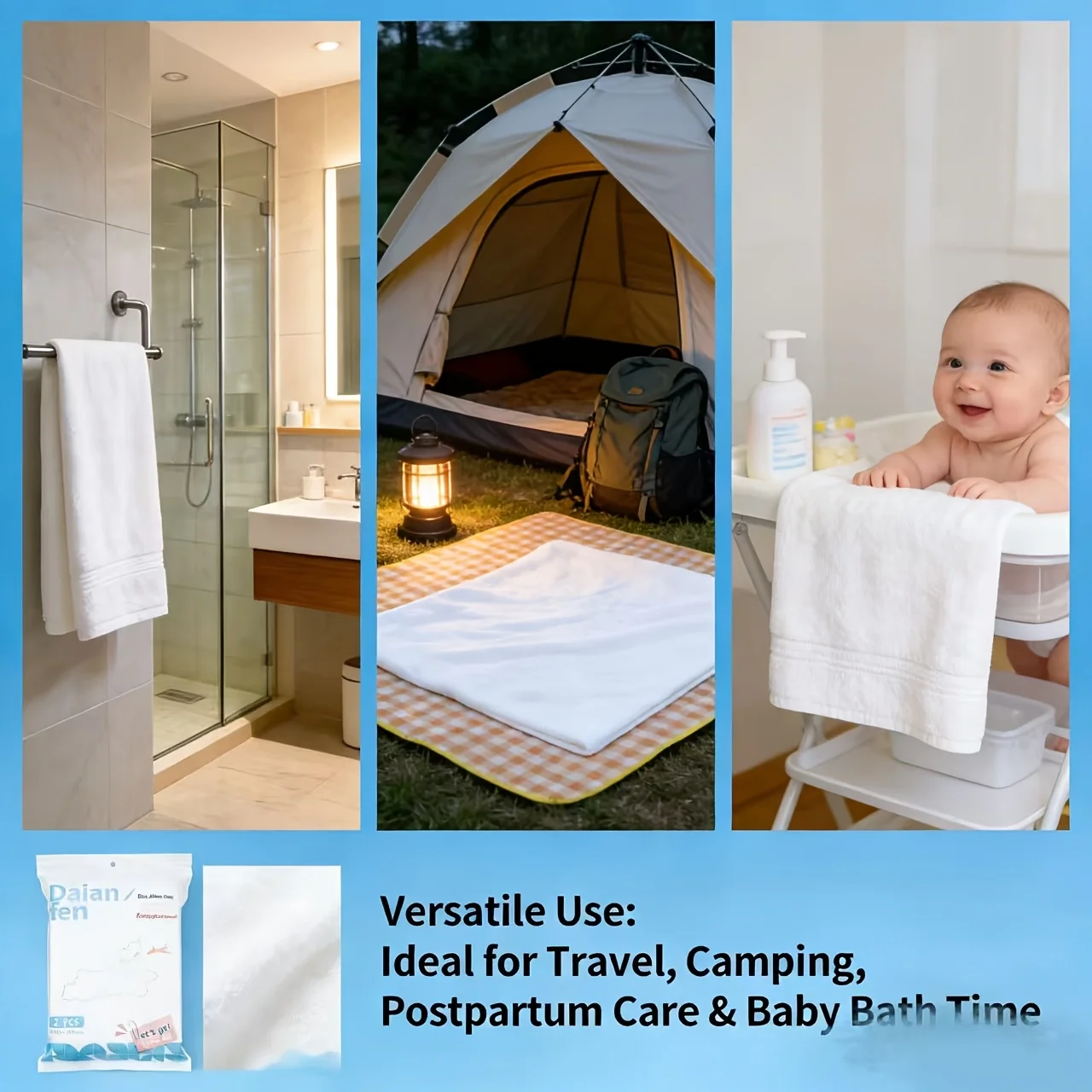 2 pieces of disposable bath towels, extra-large, strong, and absorbent, designed specifically for travel situations.