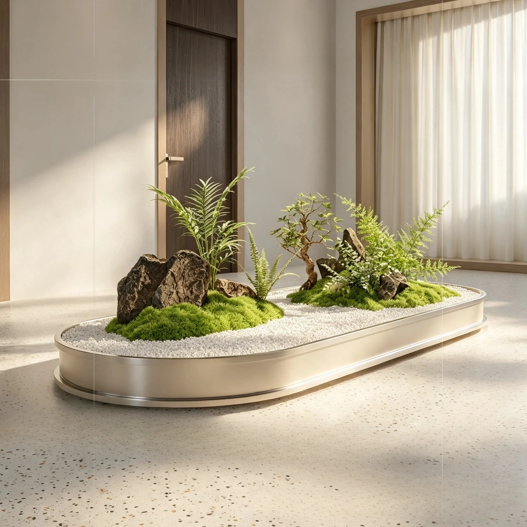 Stainless steel oval landscaped flower trough, indoor Zen-style micro-landscape, flower bowl, hotel clubhouse, floor-standing