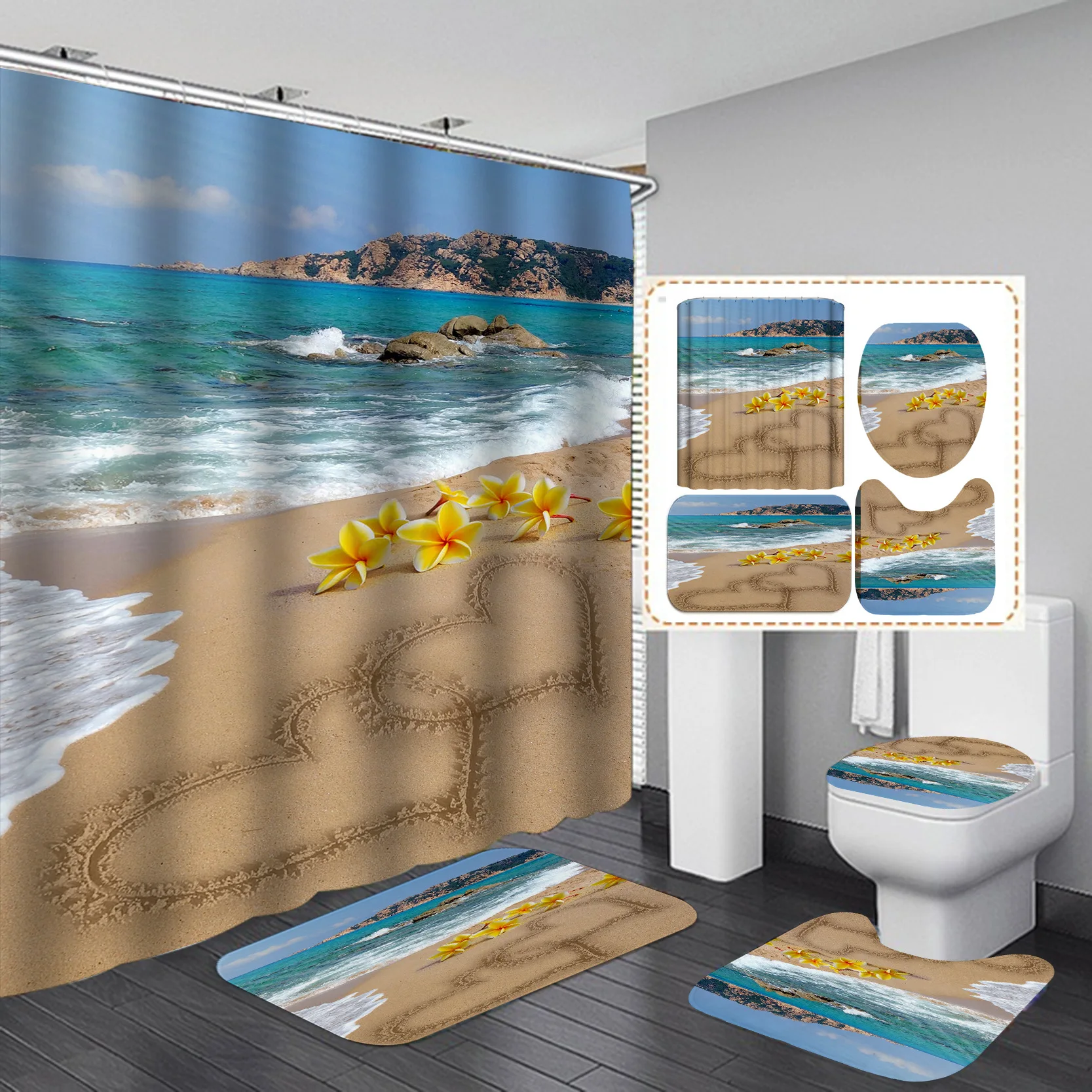 Hot Sales Flower Bathroom Sets Set 4 Pcs Shower Curtain