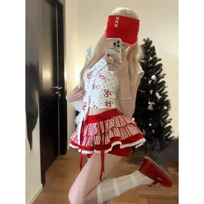 Japanese Sweet Red Polka Dot Sets Girl Cute Bow Doll Collar Shirt Top + Mini Cake Skirt Suit Summer New Kawaii 2-piece Set 2025