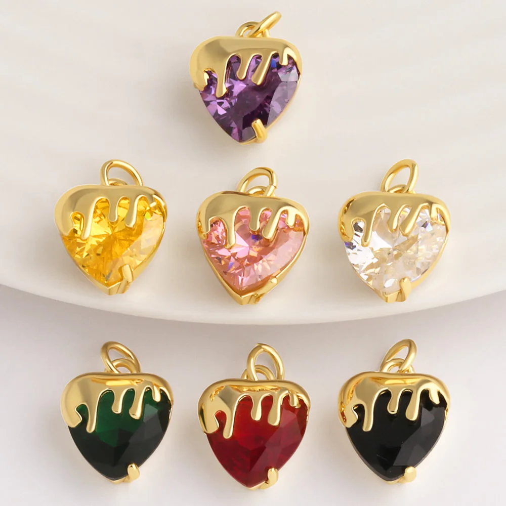 OCESRIO Gold Plated Copper Liquid Melting Heart Pendant Colorful Cubic Zirconia Drip Charms for Necklace Jewelry Making chma604