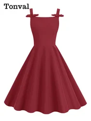 Tonval Bow Detail Square Neck Vintage Solid Tank Dresses Summer Women 50s Pinup Birthday Party Clothes Backless Swing Dress