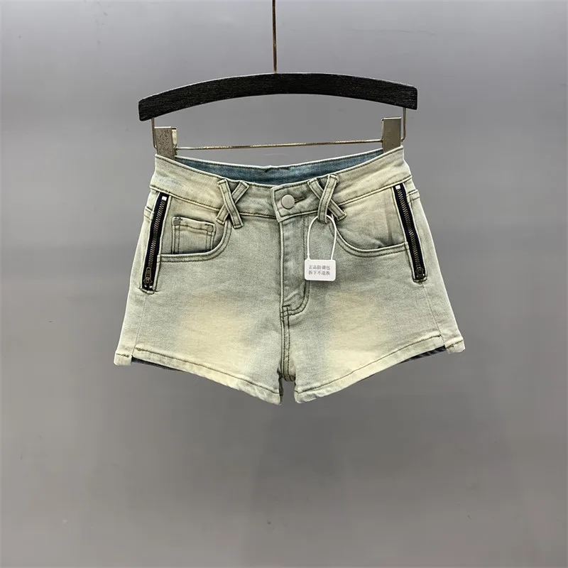 Light Blue Zipper Women's Denim Shorts 2026 Summer American Style High Street Pants Slim-looking Spicy Girls Vintage Hot Pants