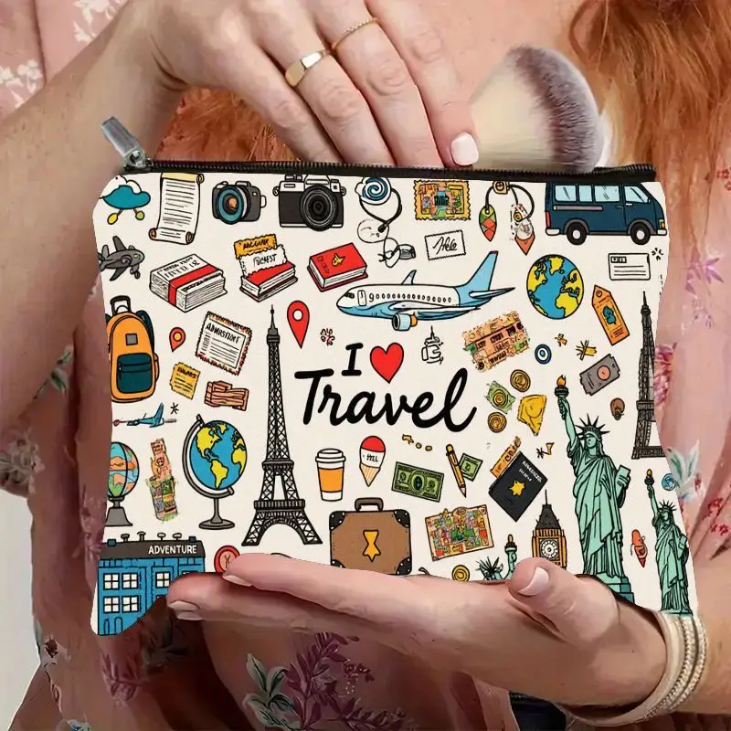 I Love Travel Cosmetic Bag Cartoon Eiffel Tower Statue of Liberty Airplane Zipper Pouch Versatile Makeup Organizer Toiletry