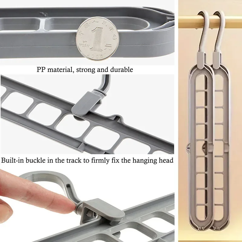 5 Stück, 9-fach faltbare Kleiderbügel aus Kunststoff, robust, platzsparend, ideal als Organizer für den Kleiderschrank zu Hause. – Detail 10