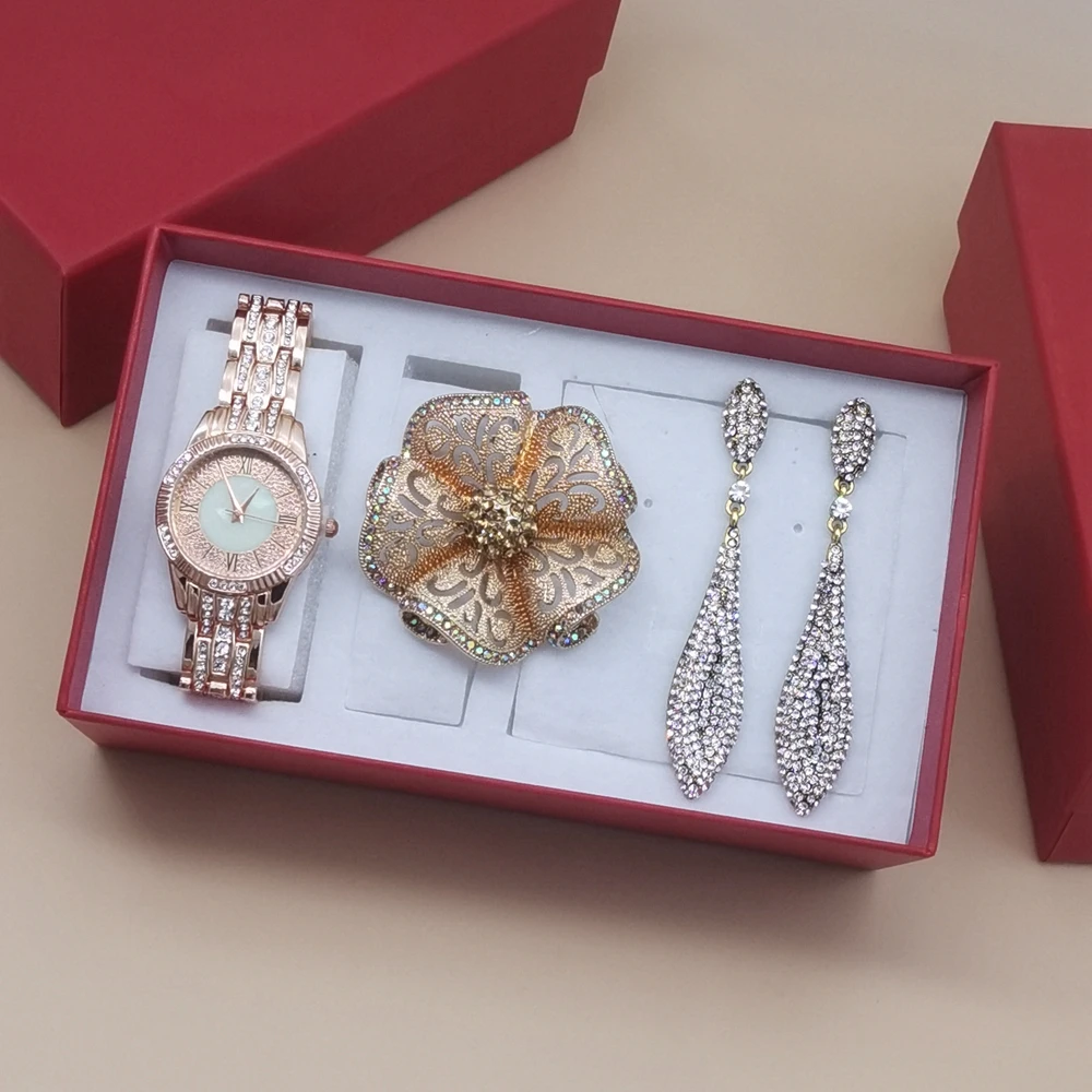 Luxury Rhinestone Watch Women Watch Set Ladies Female Clock Montre Femme Relogio Zirconia Crown Evening Earring Ring With Box