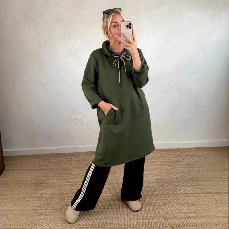 

Autumn Winter Dresses 2025 Womens Casual Sweatshirt Hooded Big Pocket Midi Dresses Long Sleeved Elegant Office Lady Vestidos