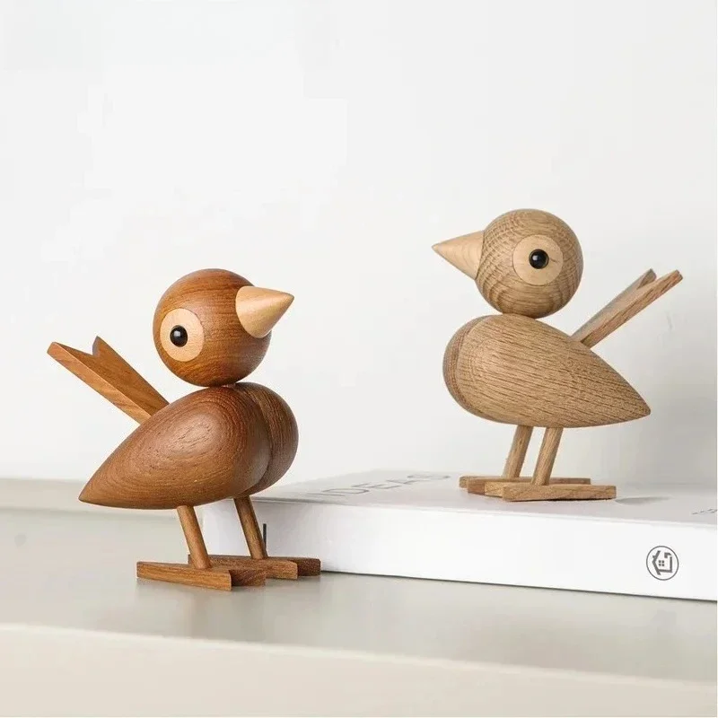 Nordic Style Oak Sparrow Figurine Wooden Dolls Lovely Nature Teak Wood Bird Figures Ornament Home Decor Shelf Decoration Crafts