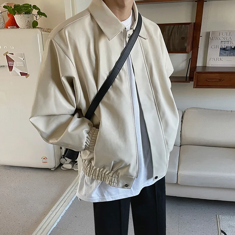 

Boys Beige Long Sleeve Leather Jacket Loose Black Oversized Leather Motorcycle Jackets Xxl Zip Up Outerwear Man Moto Biker Coat