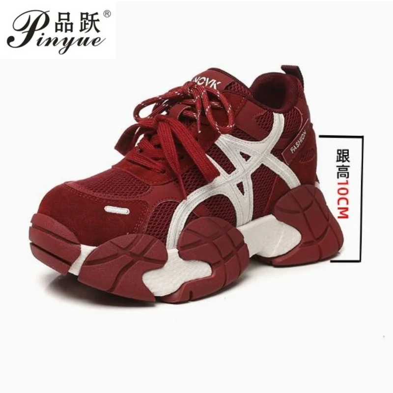 

10cm women Genuine Leather Chunky Sneakers Mesh Mixed Gray Round Toe Lace-up Thick Sole Spring Breathable Female Shoes 34-40