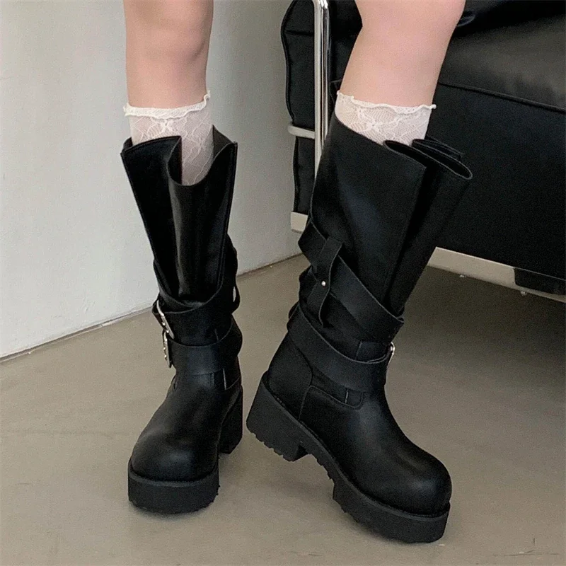 

Eilyken New Design Buckle Strap Round Toe Woman Knee-High Boots Fashion Square Low Heels Long Booties Spring Autumn Shoes