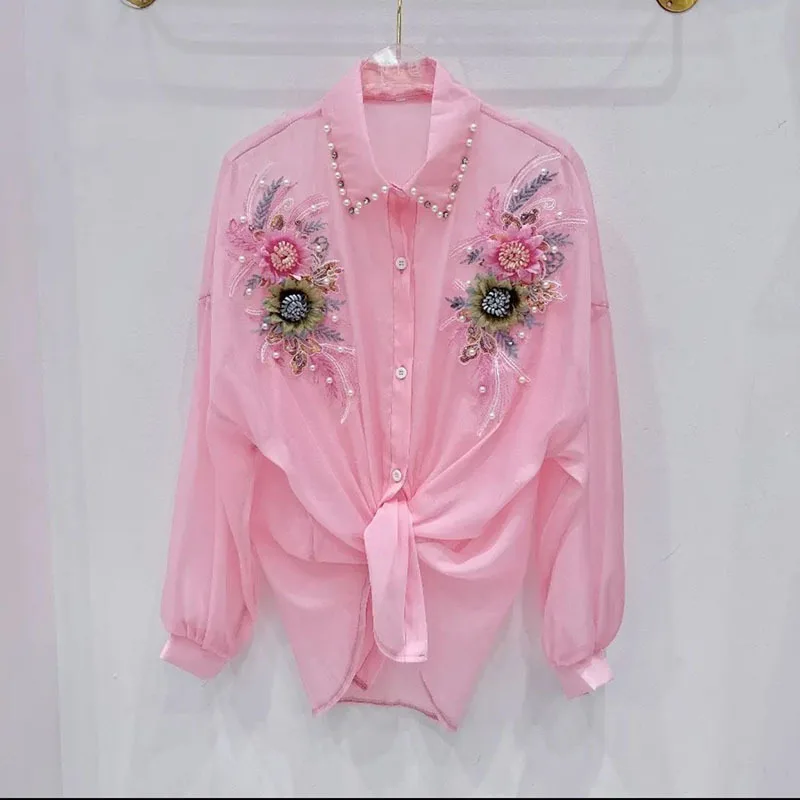 Long Sleeve Spring Autumn Blouse Women Sun-protective Cloth Embroidery 3D Floral Tops Runway Embroidery Pearl Diamond Shirt