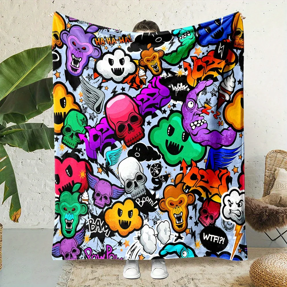 Graffiti Monster Print Blanket Reversible Flannel Throw for Urban Art Lovers AllSeason Comfort Edgy Design Gift