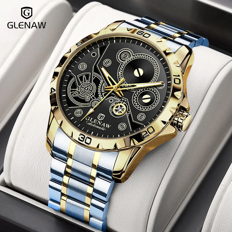 

Новинка 2025 года, механические часы Glenaw, полностью светящийся дизайн, водонепроницаемые механические часы из нержавеющей стали, мужские часы GL8688